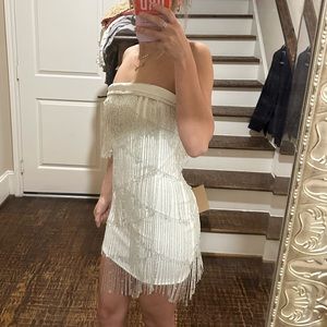 Asos white sparkle fringe dress